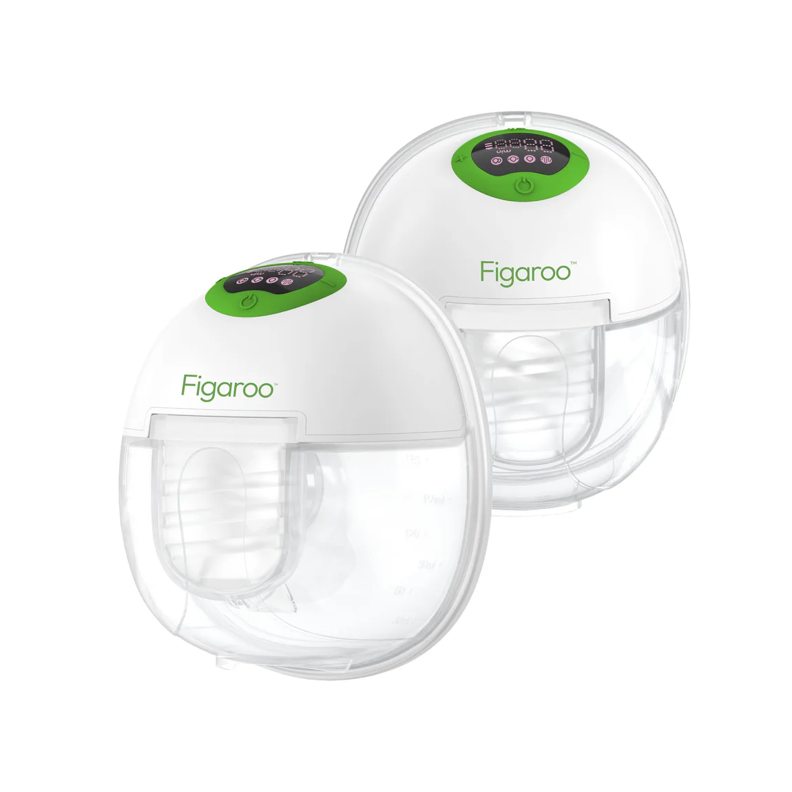 Two Figaroo Breast Pumps on a white background