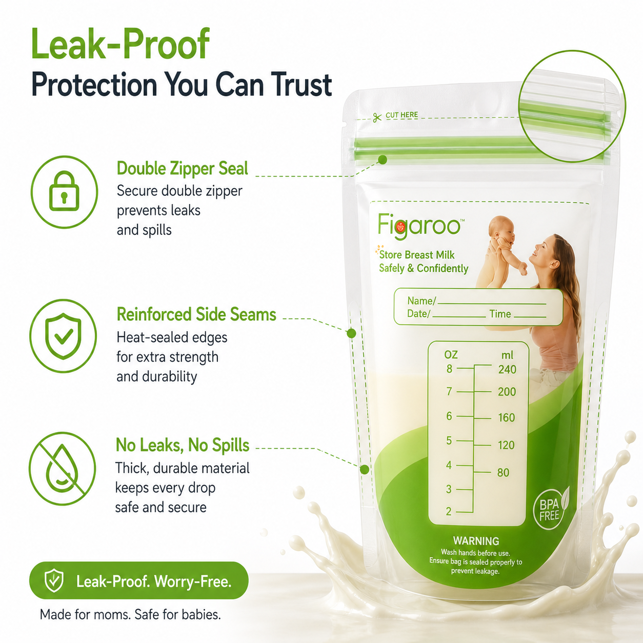 Figaroo EverSeal Breast Milk Storage Bags – 100 Count