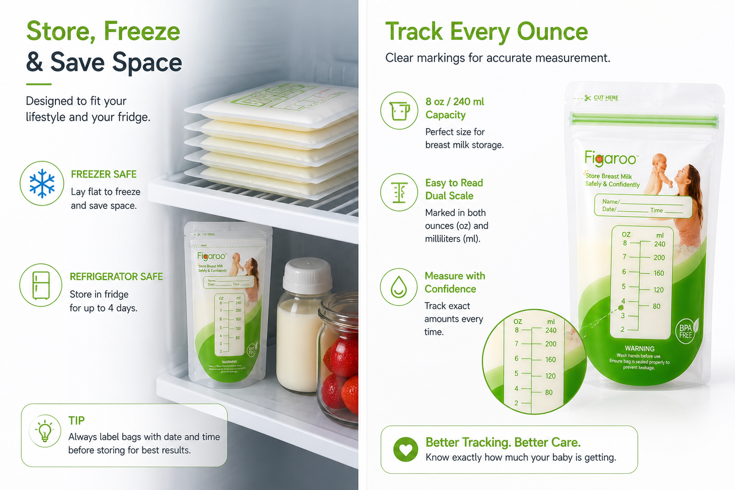 Figaroo EverSeal Breast Milk Storage Bags – 100 Count