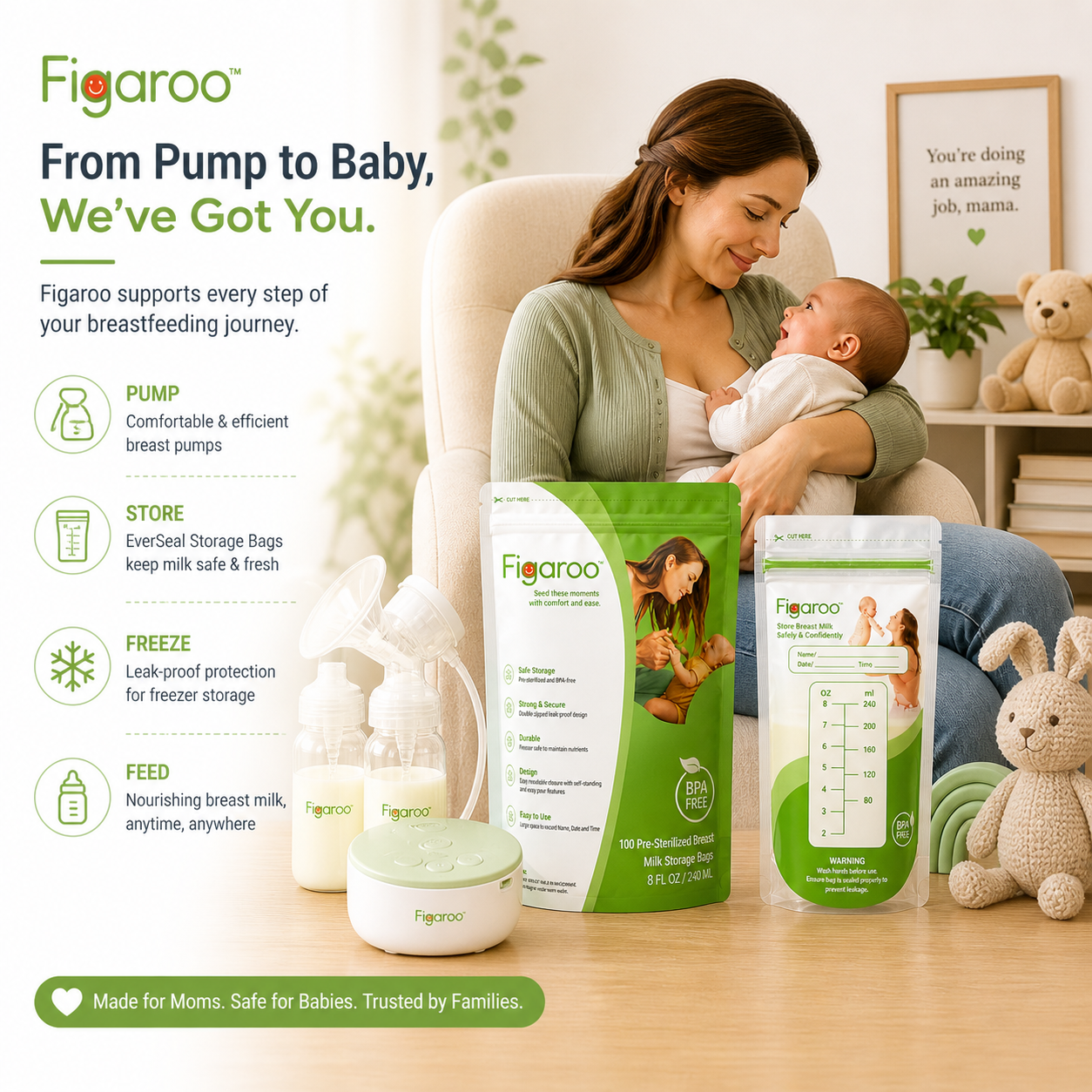 Figaroo EverSeal Breast Milk Storage Bags – 100 Count